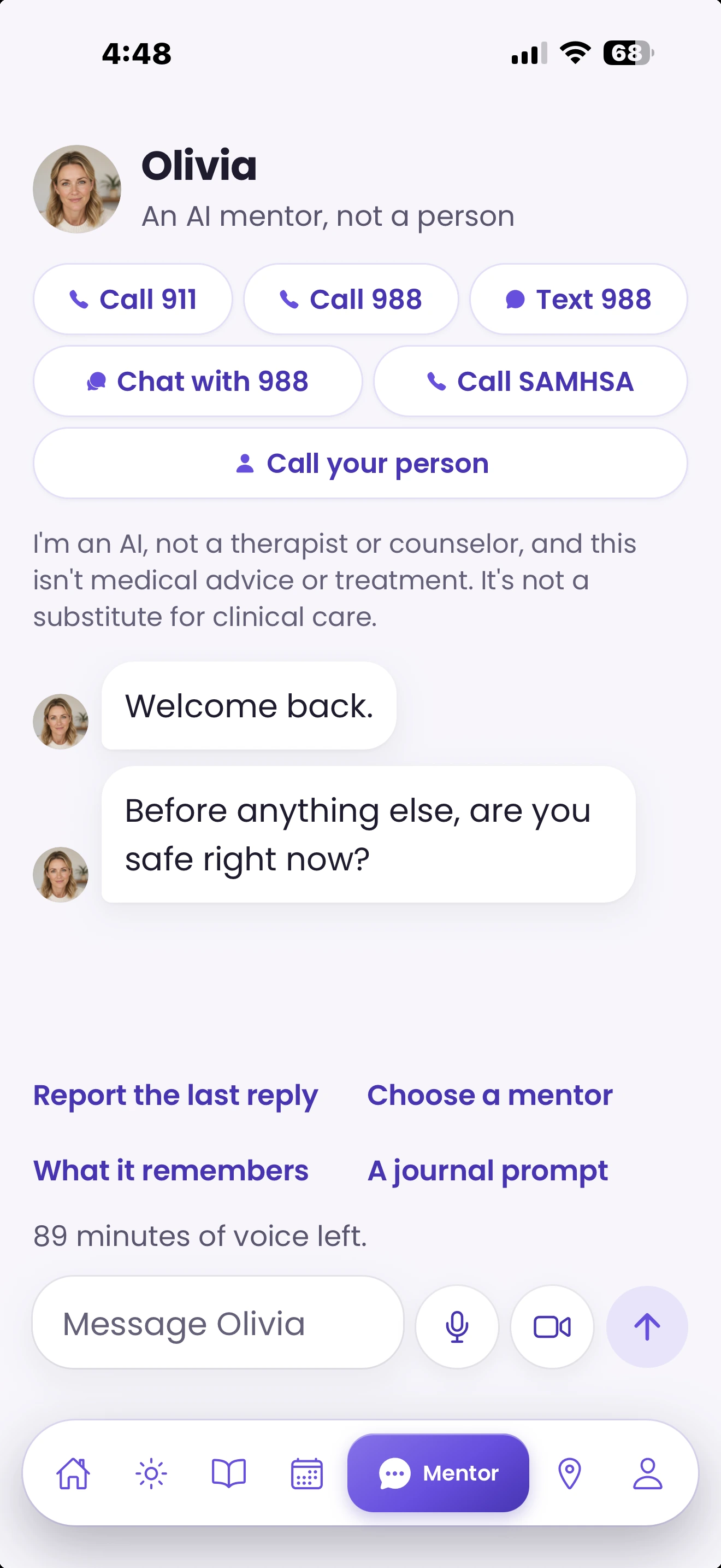 Free and Sober Mentor tab, a message conversation with Olivia, an AI mentor, not a person, with crisis buttons, sample content