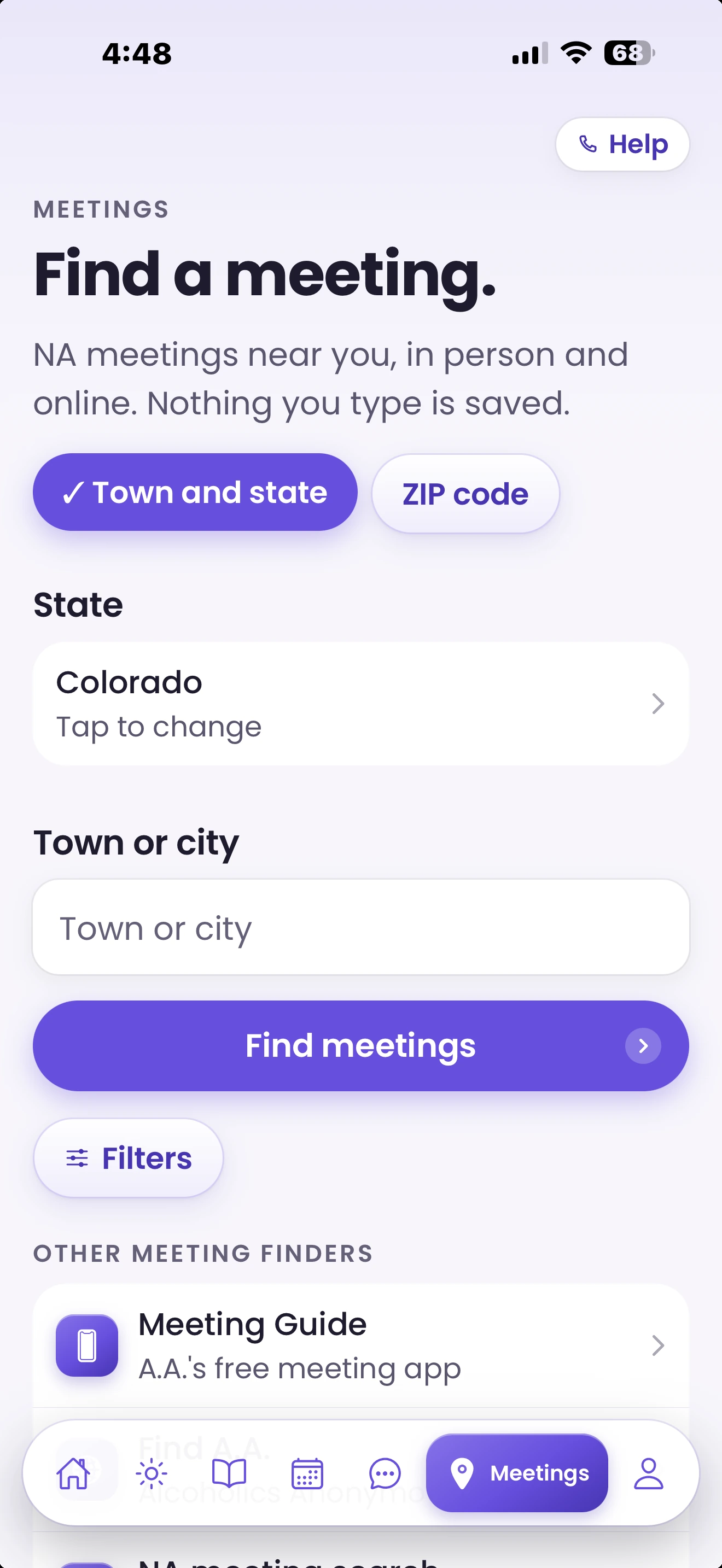 Free and Sober Meetings tab to find a meeting by town and state or ZIP code, sample content