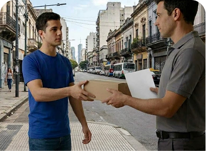 Cadete entregando un paquete en la calle