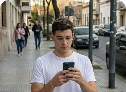 Joven en la calle siguiendo su paquete desde el celular