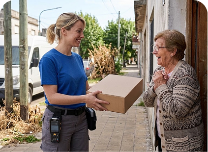 Repartidora entregando un paquete a una vecina