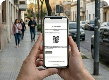 Manos sosteniendo un celular con el mail de reprogramación
