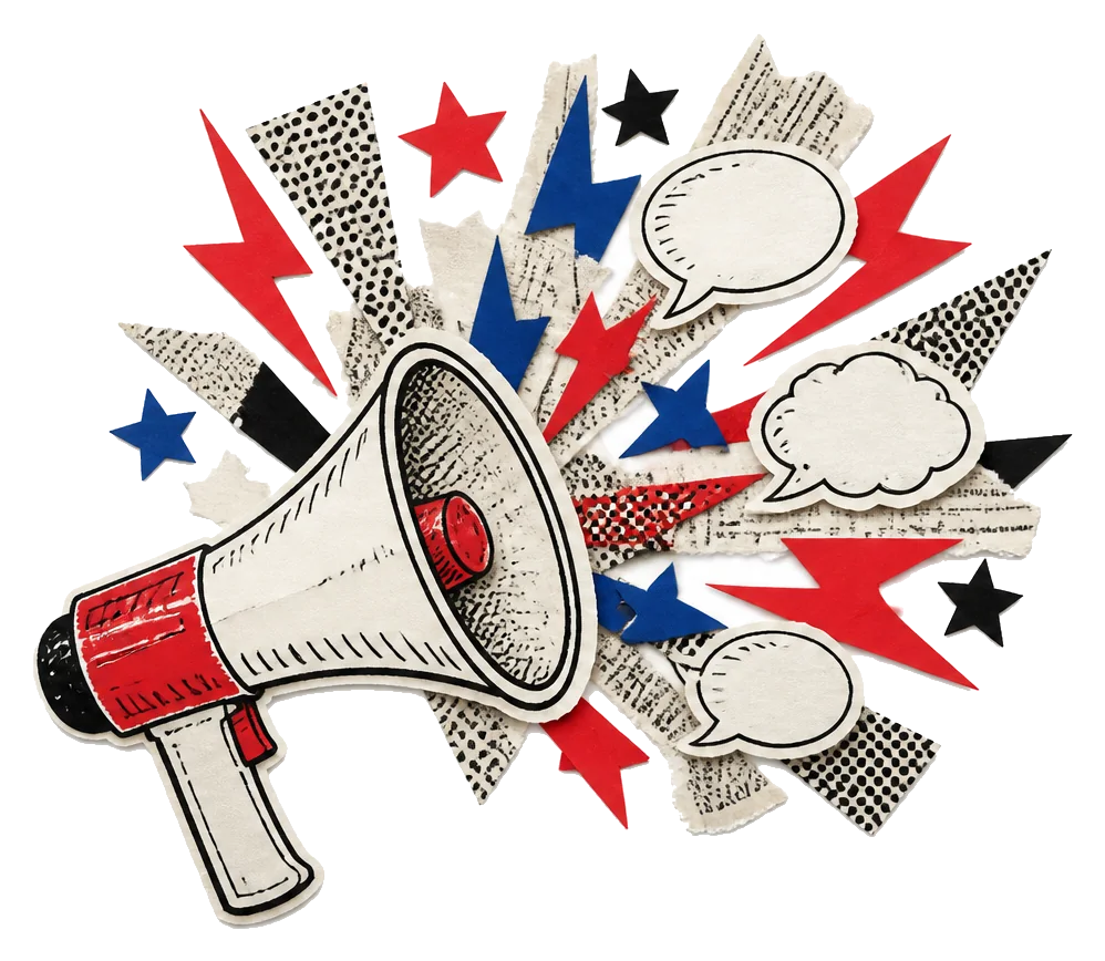 Paper cut-out megaphone with a burst of torn newsprint, speech bubbles and stars