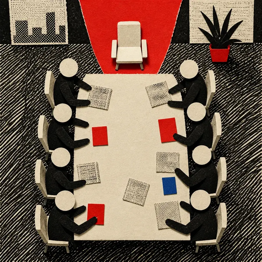 Paper cut-out boardroom seen from above with an empty chair under a red spotlight