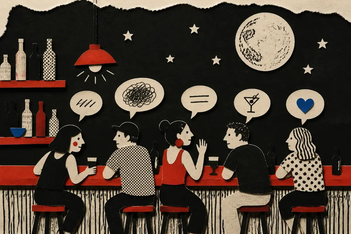 Paper cut-out people talking at a bar after dark under a paper moon