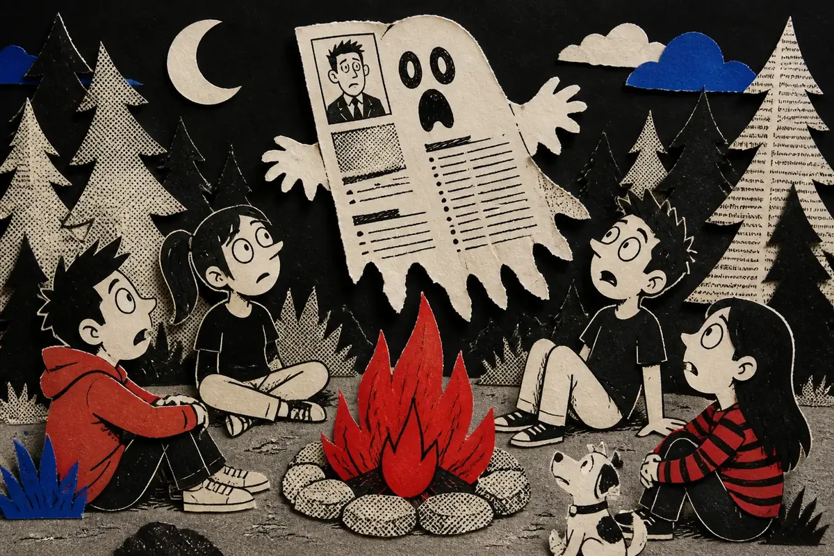 Paper cut-out campfire scene with a ghost made from a torn resume