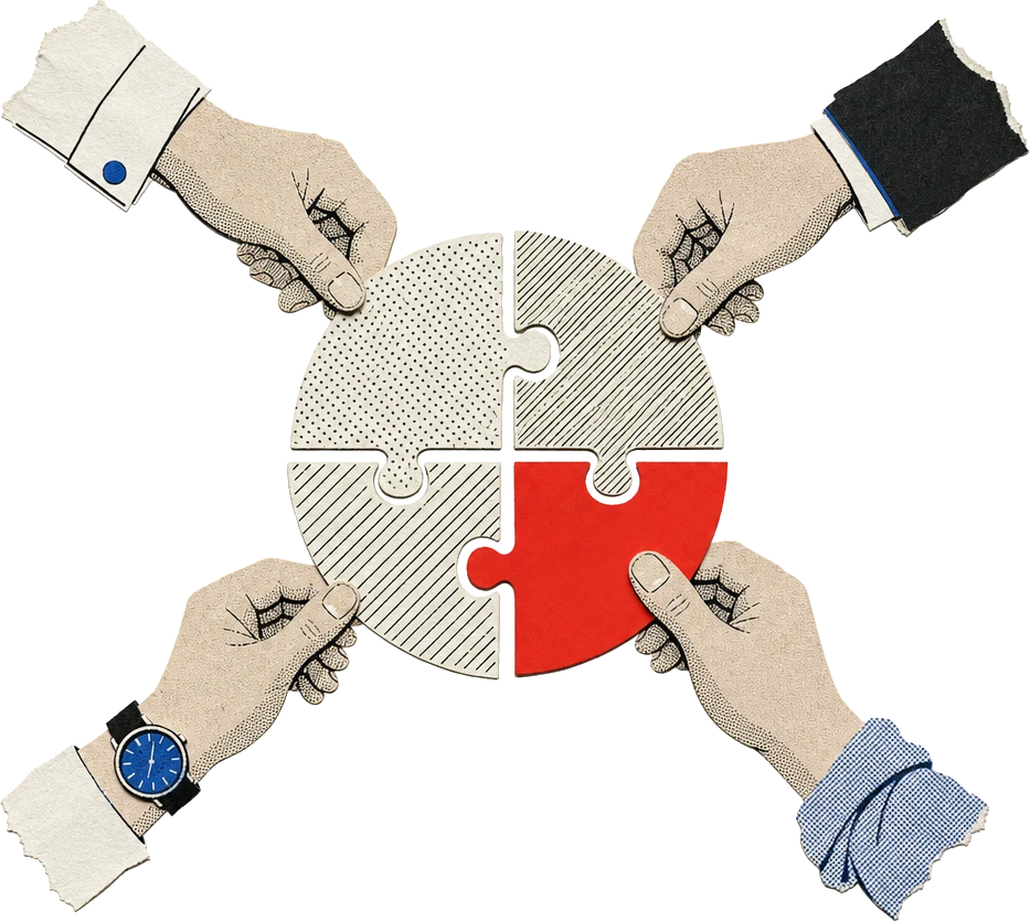 Paper cut-out of four hands fitting the pieces of a round jigsaw together, the last piece in red