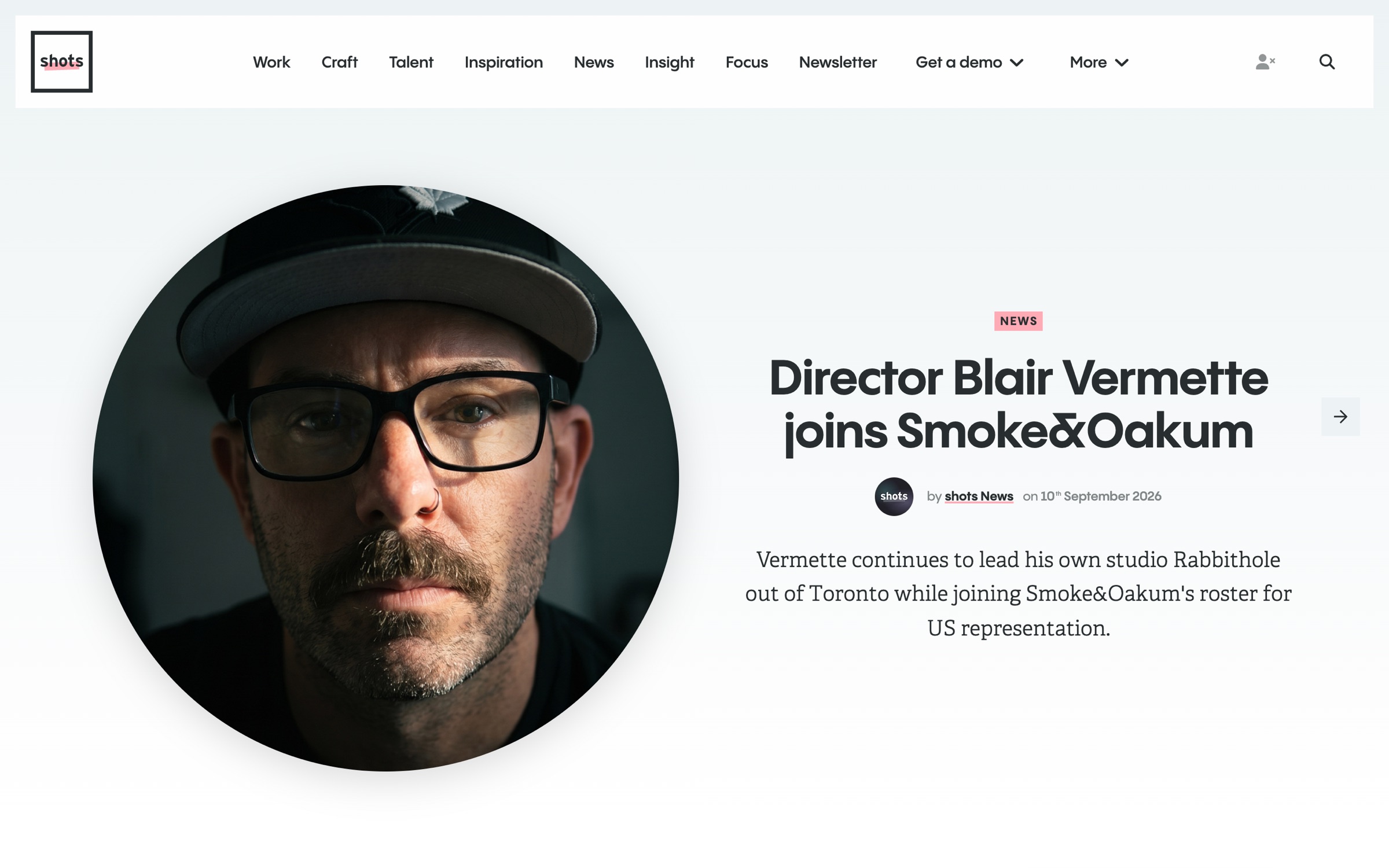Screenshot of the shots article "Director Blair Vermette joins Smoke&Oakum"