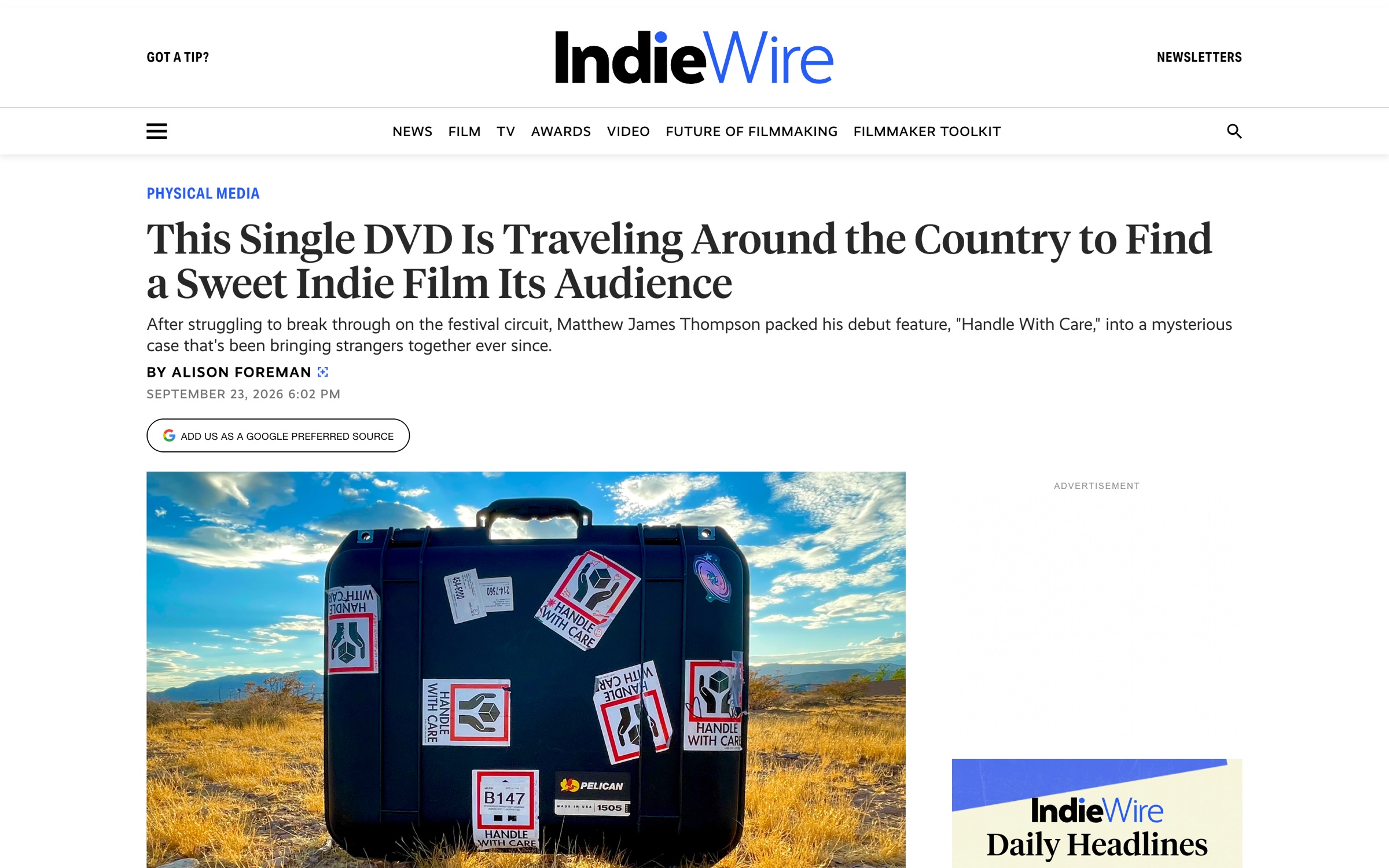Screenshot of the IndieWire article "This Single DVD Is Traveling Around the Country to Find a Sweet Indie Film Its Audience"
