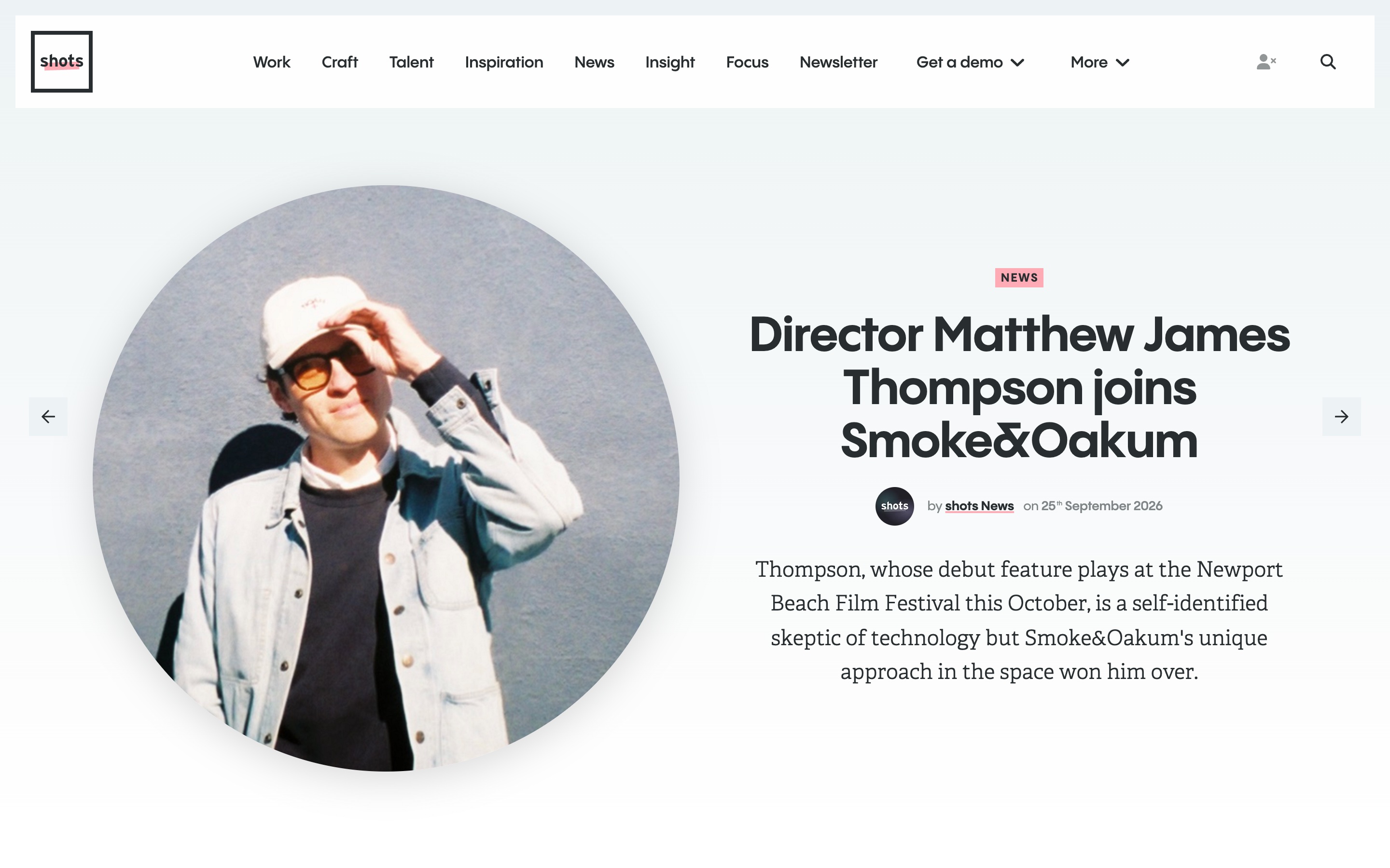 Screenshot of the shots article "Director Matthew James Thompson joins Smoke&Oakum"
