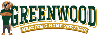 Logo for Greenwood Heating & Home Services featuring a cartoon dog standing with crossed arms next to the company name in bold green and gold letters.