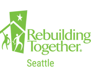 Logo featuring a green house outline with a star above it and the text 'Rebuilding Together Seattle' in green.