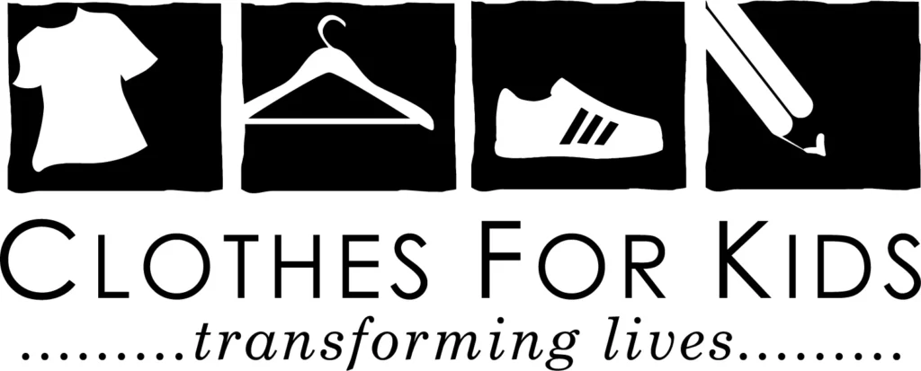 Black and white logo with four icons: a T-shirt, a clothes hanger, a sneaker, and two pencils, above the text 'Clothes For Kids' and the tagline 'transforming lives' below.