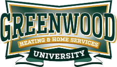 Logo with the text 'Greenwood Heating & Home Services University' in bold, stylized letters over a green background with a ribbon banner design.