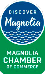 Logo with a blue circle containing the text 'Discover Magnolia' above stylized waves, and below on a green background, the text 'Magnolia Chamber of Commerce'.