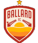 Ballard FC logo featuring a stylized shield with red outline, the word 'BALLARD' in red at the top, two cranes on either side of a rising or setting sun in yellow and orange tones, and a gold star above the shield.