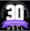 North Bethell Little League 30th anniversary logo featuring large white number 30 with a purple ribbon below reading 'Anniversary' and the years 1995-2025 along with the initials NBL.