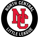 North Central Little League logo featuring a red interlocking N and C inside a white circle with black background and the text North Central Little League around the circle.