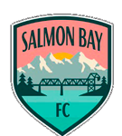 Shield-shaped emblem with the text 'SALMON BAY FC' featuring a stylized salmon jumping over a mountain landscape with trees and a bridge against a pink and teal background.