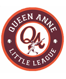 Round logo with a red dragon in the center and the text 'Queen Anne Little League' in white around the circle on a dark background.