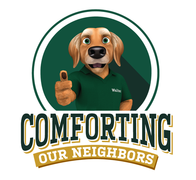Cartoon dog with light brown fur and green eyes wearing a green shirt with the name Walter, giving a thumbs-up inside a green circular frame above the text 'COMFORTING OUR NEIGHBORS'.