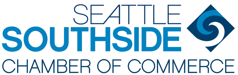Logo for Seattle Southside Chamber of Commerce with a stylized blue and white swirl inside a dark blue diamond shape.