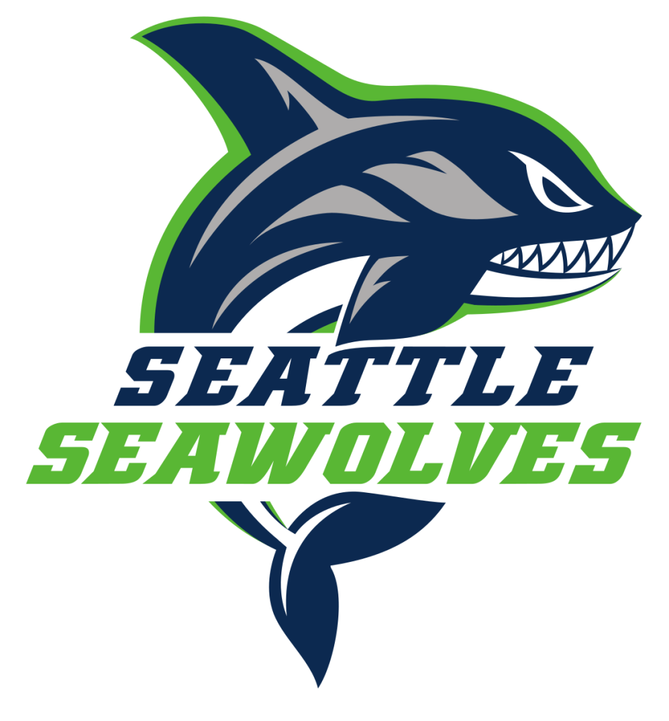 Seattle Seawolves logo featuring a stylized blue and gray wolf-shark hybrid with sharp teeth, outlined in green, along with bold text 'SEATTLE SEAWOLVES' below it, with 'SEATTLE' in navy blue and 'SEAWOLVES' in bright green.