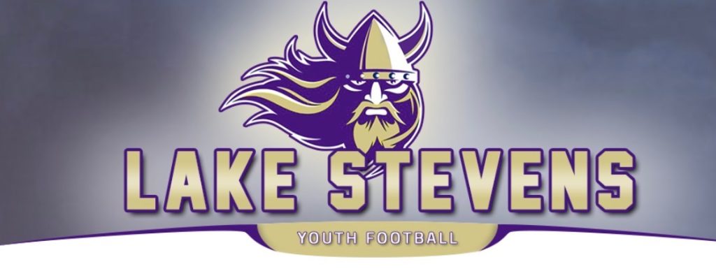 Logo featuring a Viking head with a horned helmet and flowing hair above the large text 'LAKE STEVENS' and smaller text 'YOUTH FOOTBALL' on a gray background.