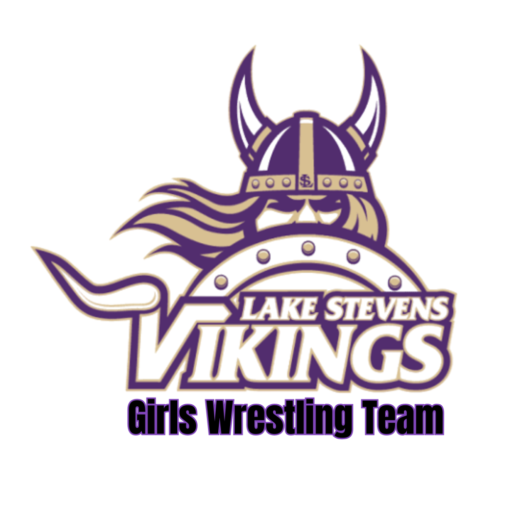 Logo of a Viking warrior with a horned helmet and flowing hair behind a shield, with the text 'Lake Stevens Vikings' and 'Girls Wrestling Team' below it.