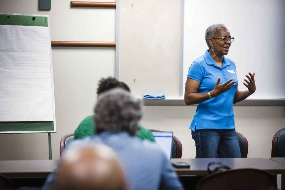 KHGMP Advisory Committee in person training. Kirkpatrick Heights Greenwood Master Plan. Shella Bowlin, Dr. Lana Turner Addison, Eugene Harris, Daquet Wilson, Dr. Kiana Smith, Brentom Todd, Joshua Roby, William Tisdale, Scott Moore Medina Photo by Shane Bevel