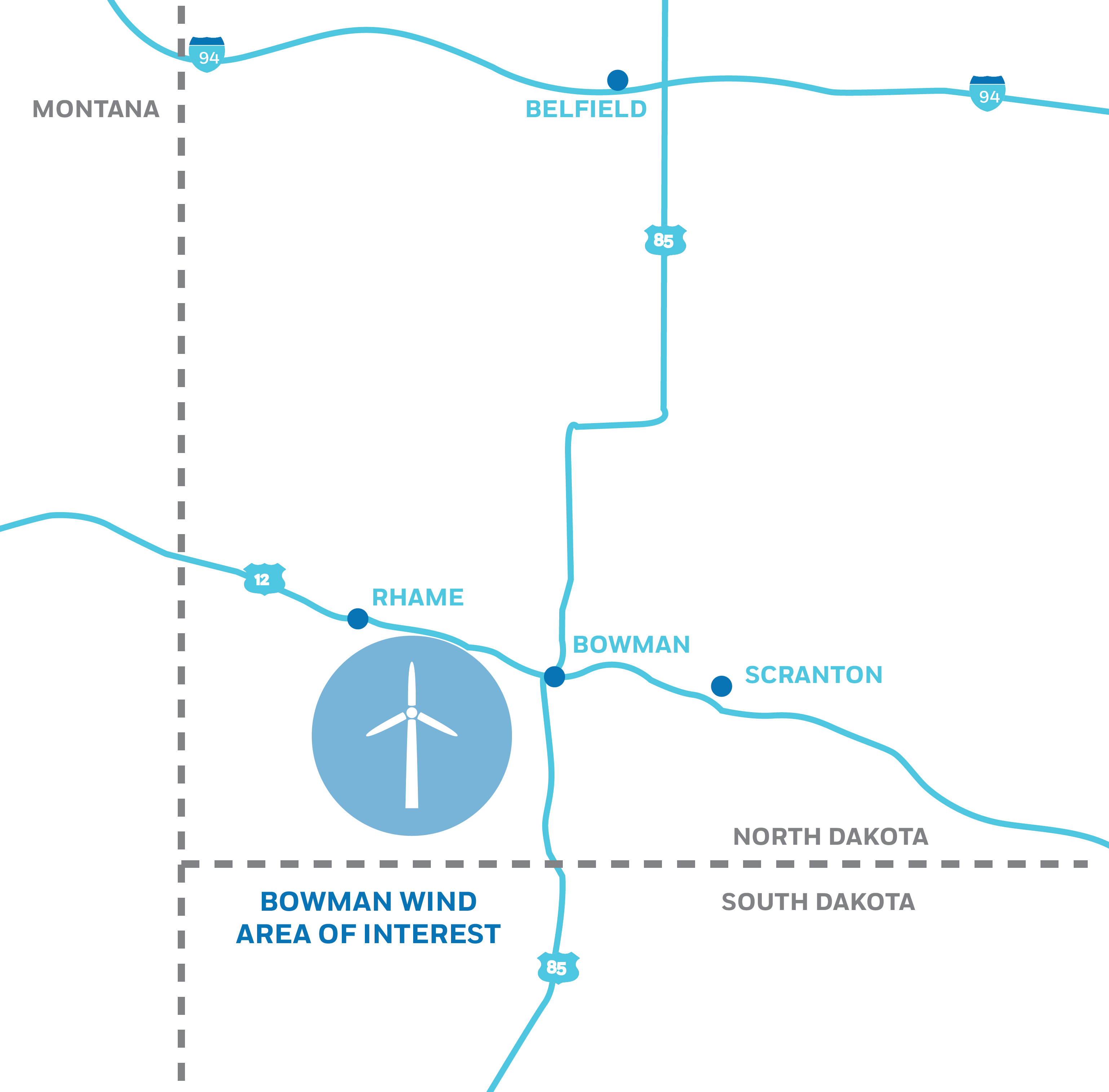 Map highlighting the Bowman Wind Area of Interest near the towns of Bowman, Rhame, and Scranton in North Dakota, close to the borders with Montana and South Dakota, showing highways 94, 12, and 85.
