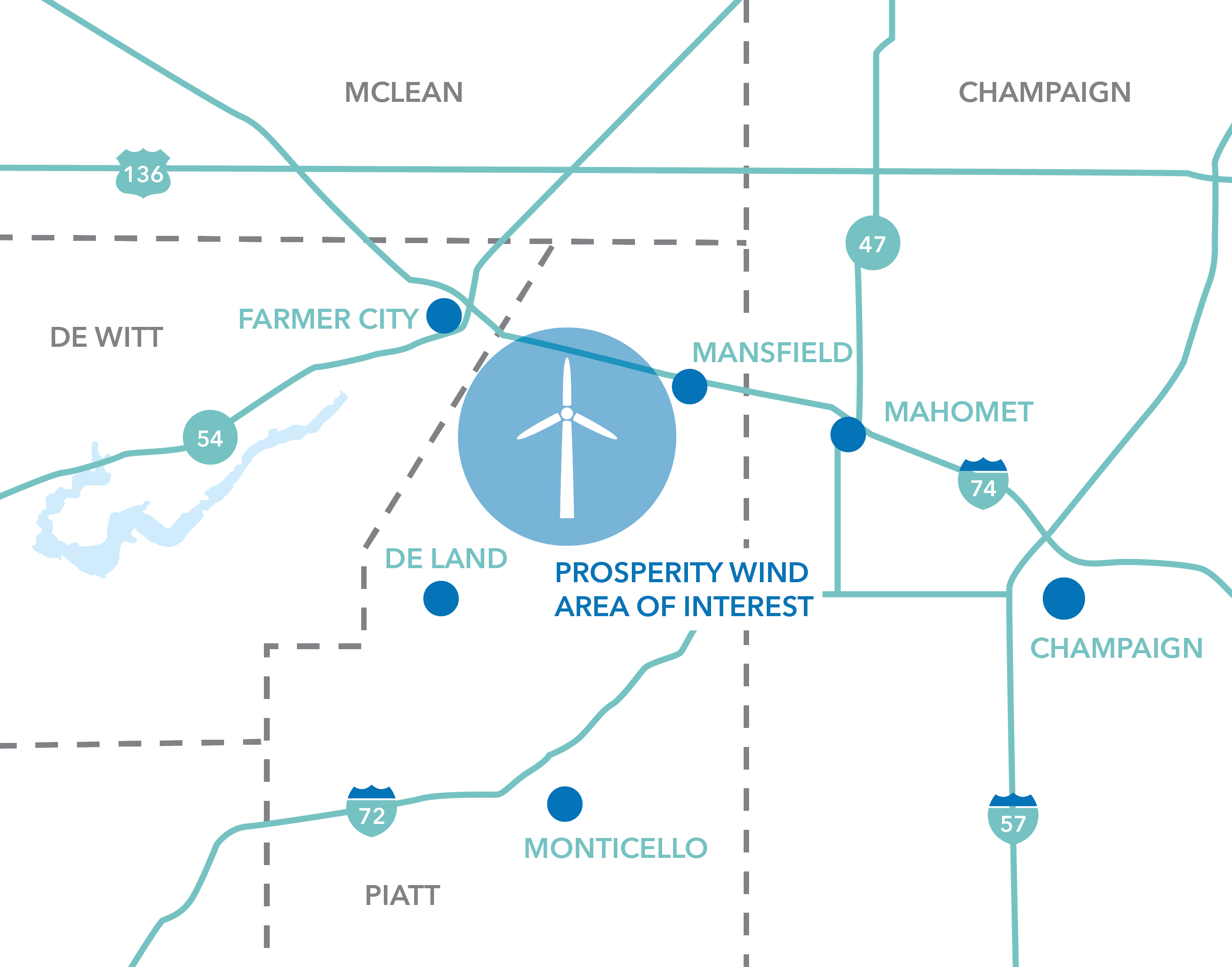 Map showing the Prosperity Wind area of interest in Illinois, highlighting cities like Farmer City, De Land, Monticello, Mansfield, Mahomet, and Champaign, with major highways 136, 54, 72, 47, 74, and 57.