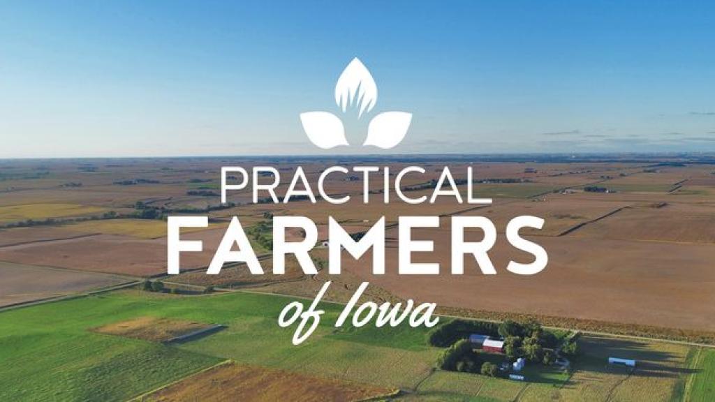 Aerial view of a vast rural farmland landscape with green and brown fields under a clear blue sky, featuring a cluster of farm buildings, with the overlay text 'Practical Farmers of Iowa' and a stylized plant logo above the text.