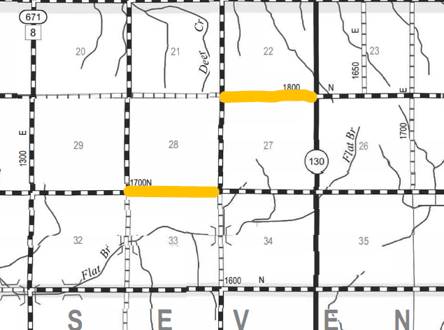 Black and white map section highlighting roads 1800 North and 1700 North with grid squares marked with numbers such as 20, 21, 22, 23, 27, 28, 29, 32, 33, 34, and 35, a vertical road marked 130, and labels like 'Deer Cr' and 'Flat Br'.