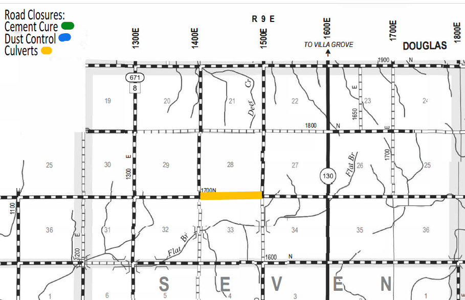 Map showing road closures with a yellow highlight on the segment labeled 1700N between 1400E and 1500E, indicating a culvert closure; other legend symbols show green for cement cure and blue for dust control closures.