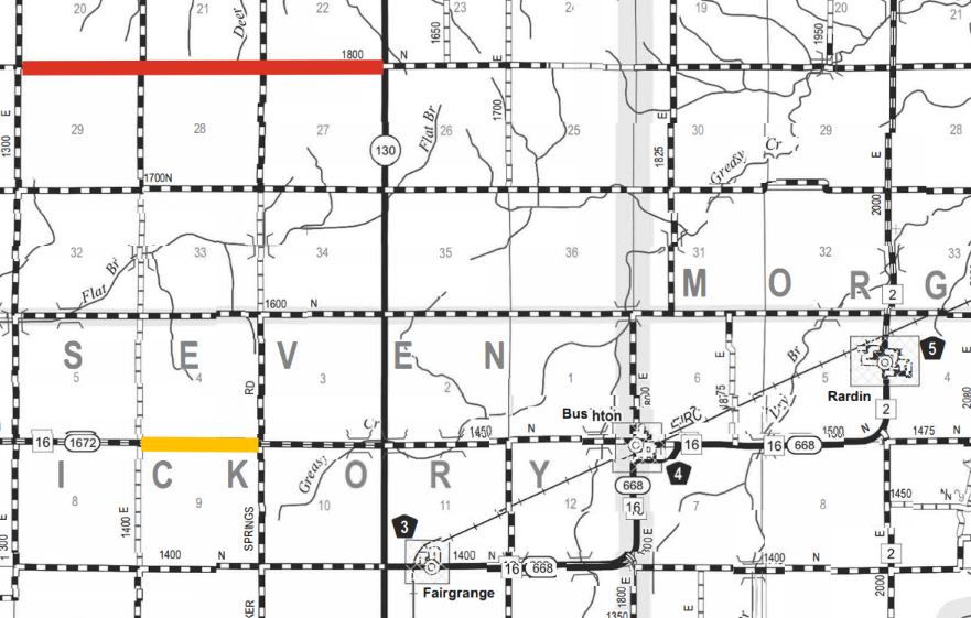 Black and white section of a county road map showing roads, township and range grid lines, and town names including Seventeen, Morgan, and Rardin, with highlighted road segments in red and yellow and numbered road markers.