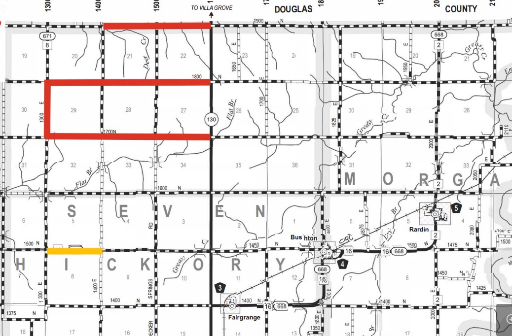 Black and white county road map showing sections of Stev, Hickory, and Morgan counties with major roads marked by numbers and town names including Fairgrange, Bushton, and Rardin; a red rectangle highlights sections 20, 29, 28 and 27 in Stev, and a short yellow line highlights a road near section 8 in Hickory.