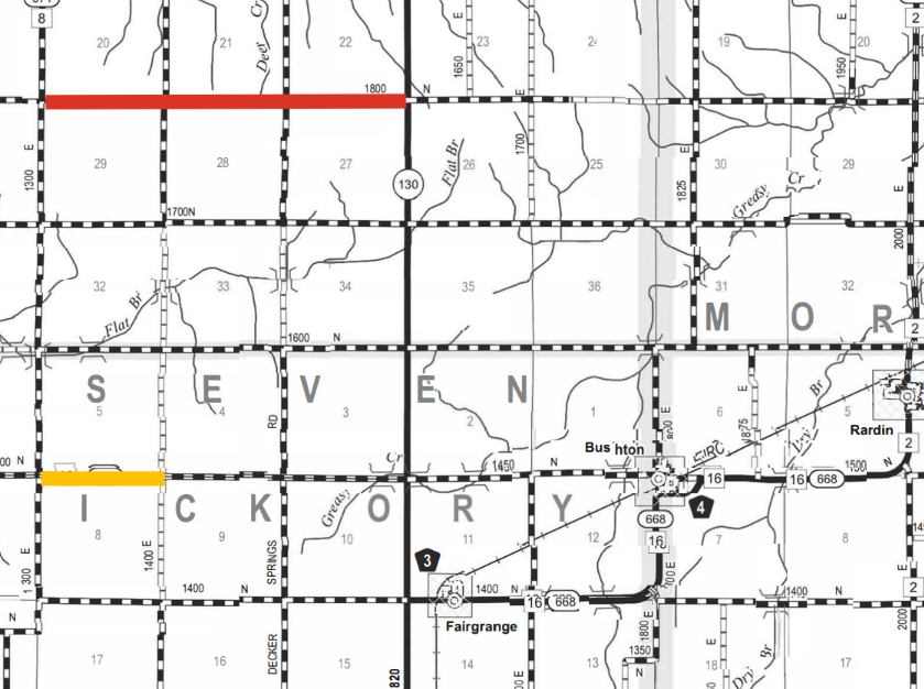 Map section showing Seward and Hickory townships with major roads including Highway 16 and 668, county roads 130 and 1400 E, and towns Builton, Rardin, and Fairgrange marked with icons and labels.