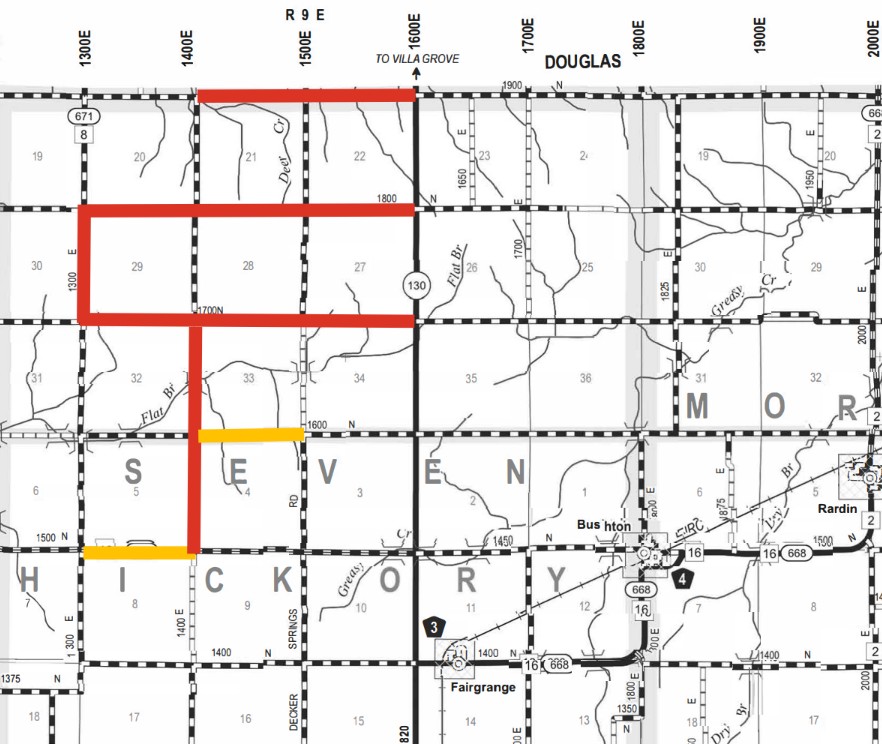 Map showing areas highlighted in red and yellow lines within sections of Seven Hickory and Douglas regions, including road labels like 130 and 668 and place names Busti, Rardin, and Fairgrange.