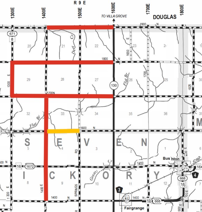 Section of a gridded map showing parts of Sicken, E, Ven, and Kory townships, with labeled roads and highways, including Highway 130 and Highway 16, marked in black. Red lines highlight roads running north-south along 1300E and 1500E, and east-west along 1800N and 1700N. A short segment of road near the intersection of 1600N and 1500E is highlighted in yellow. Township and range numbers, watercourses, and small community names like Bushton and Fairgrange appear on the map.