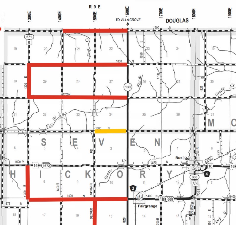 A black-and-white grid map showing areas labeled with numbers and letters representing land sections and roads. Bold black lines mark major roads, while thin lines denote minor roads and natural features like creeks. Several roads are labeled with numbers such as 671, 130, and 820. The map highlights specific areas with thick red and one thin yellow rectangular borders, outlining land sections including 29, 28, and 27, and others near S, E, V, H, I, C, K, and O. The map references locations like DOUGLAS, VILLA GROVE, and Fairgrange, and shows north direction. Some roads have directional coordinates like 1300 E, 1500 N, 1600 E, and 1700 E.