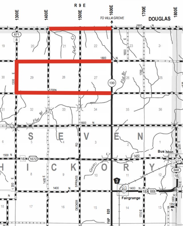 Black and white map showing portions of Dickory, Seven, and Douglas townships with roads marked by grid lines and labeled with numbers and letters; a red outline highlights a rectangular section covering parts of sections 21, 22, 27, 28, and 29, between grid lines labeled 1300E to 1600E horizontally and 1700N to 1800N vertically, with notable roads including Route 130 and Route 671, and towns named Fairgrange and Bushton shown. North is indicated at the top.