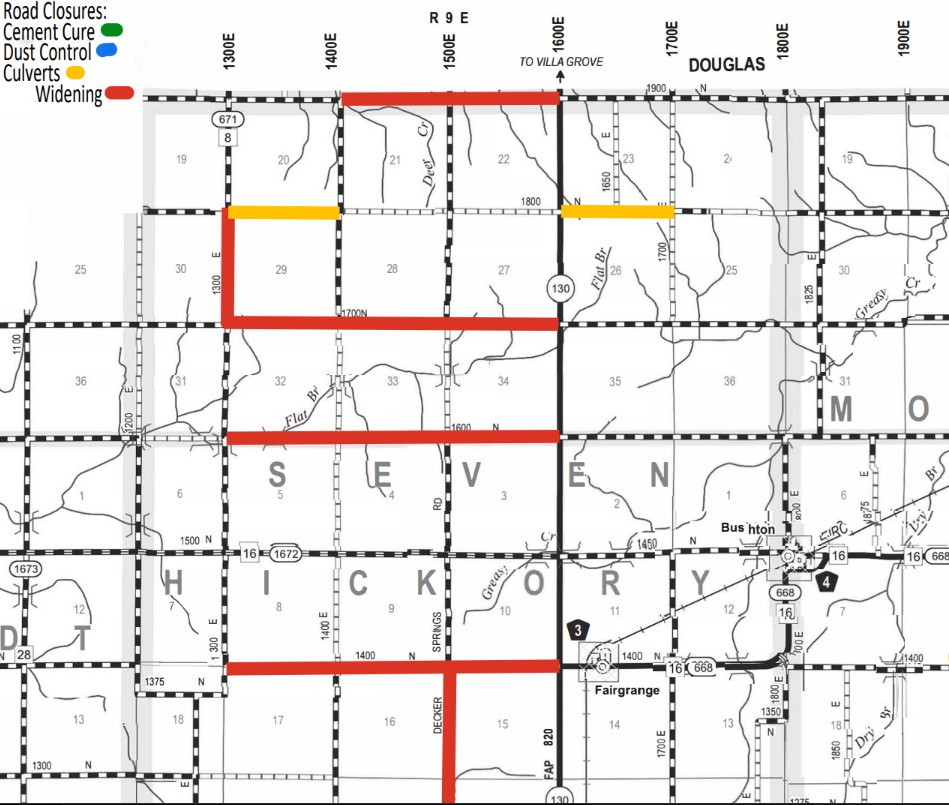 Map showing road closures in Severn and Hickory Township areas near Douglas, highlighting cement cure closures in green, dust control in blue, culverts in yellow, and widening in red on various roads including 1300E, 1400E, 1500E, 1600E, and 1700E.