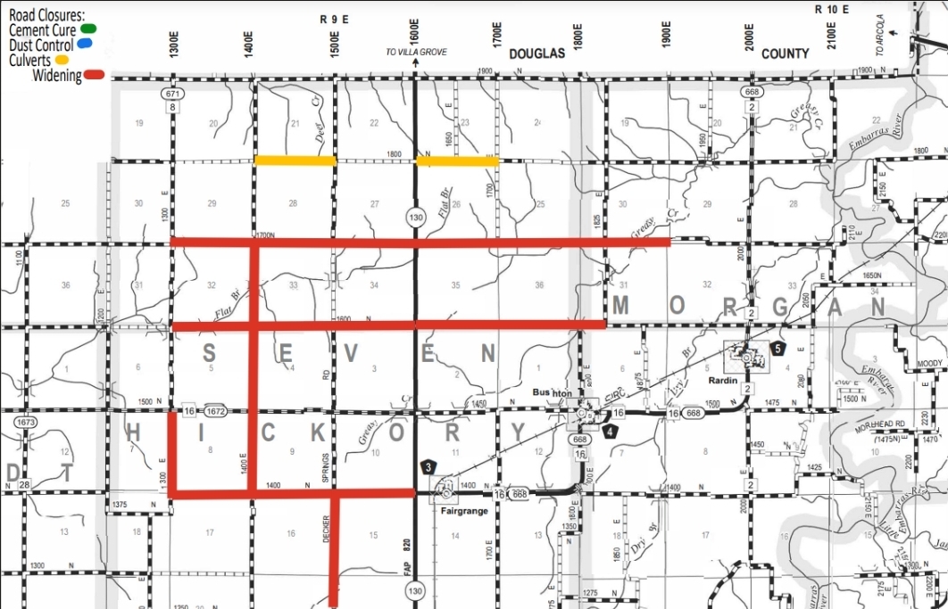 Map showing road closures in portions of Morgan County including Sevier and Hickory areas, with color-coded legend: green for cement cure, blue for dust control, yellow for culverts, and red for road widening; major roads and highways marked, with closures highlighted mostly along roads 1400N, 1500N, 1600N, 1700N, and 1400E. Notable towns include Fairgrange and Rardin.