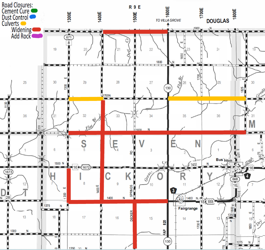 Map showing road closures in a grid layout with roads marked for widening in red, culverts in orange, cement cure in green, dust control in blue, and add rock in purple. Key locations labeled include Douglas, Hickory, and names such as Villa Grove and Fairgrange. Major route numbers and county lines appear, with closures mainly concentrated around Hickory and nearby roads.