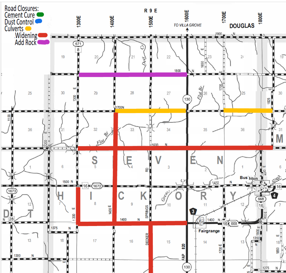 Map highlighting road closures in Hickory, Seven, Douglas, and nearby areas, with a color-coded legend indicating cement cure in green, dust control in blue, culverts in orange, widening in red, and add rock in purple. Major roads and intersections are labeled with route numbers and grid lines.