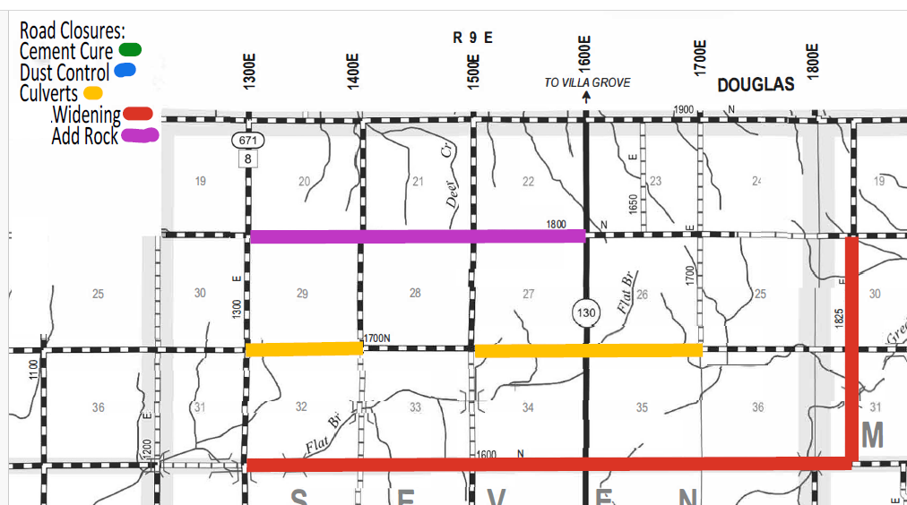 Section of a road map showing various road closures marked in colors with a legend: green for cement cure, blue for dust control, yellow for culverts, red for widening, and purple for add rock. Roads are labeled with numeric grid coordinates and major roads such as 671 and 130, with directional labels including Douglas, R 9 E, and road numbers like 1400E, 1500E, and 1600E.
