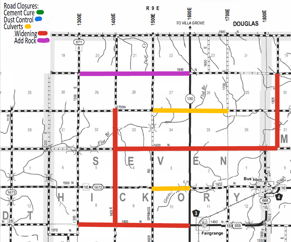 Map showing road closures in a rural area with a key indicating reasons: green for cement cure, blue for dust control, orange for culverts, red for widening, and purple for add rock. Red lines indicate roads closed for widening mainly in southern and eastern blocks labeled SEVEN and HICKORY. Orange lines mark culverts closures in EAST and near HICKORY. A purple line indicates road closure for adding rock in northern sections near Douglas. Various numbered blocks and roads are shown with black dashed borders.