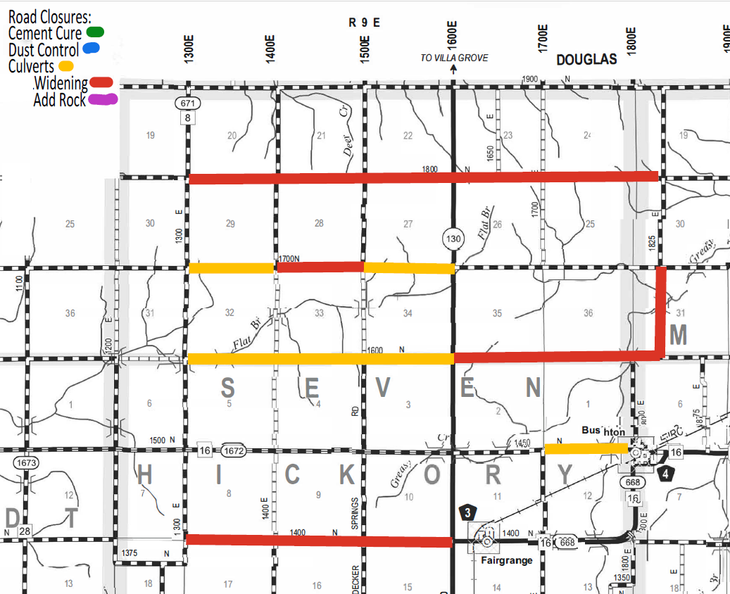 Map section showing road closures with color-coded lines: red for widening, orange for culverts, green for cement cure, blue for dust control, and purple for add rock, across labeled townships including Douglas, Seven, Hickory, and surrounding areas.