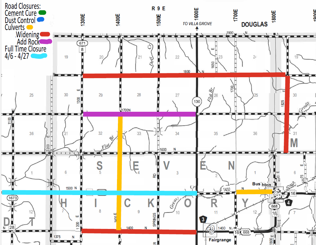 Map showing road closures in an area with different color-coded routes: red lines for widening, purple for adding rock, yellow for culverts, green for cement cure, blue for dust control, and light blue for full-time closure from 4/6 to 4/27. Major roads and township sections are outlined with grid labels such as Douglas, Seven Hickory, and Fairgrange, with highway numbers and local roads marked.